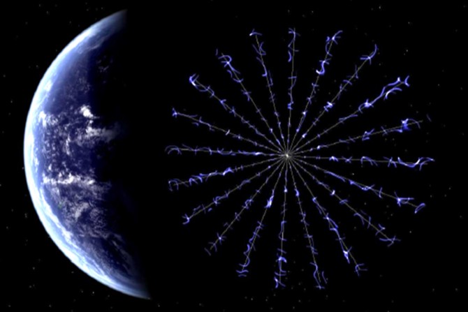 미국항공우주국(NASA)이 개발 중인 ‘E 세일(Sail)’의 상상도. 가늘고 긴 와이어가 원형을 이루며 돛 역할을 한다. - NASA 제공